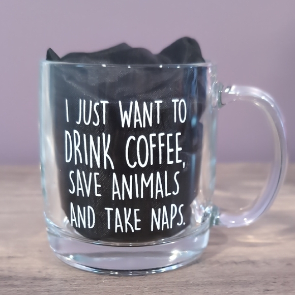 Clear Glass Coffee Mug with White Text - Picture 1 of 3